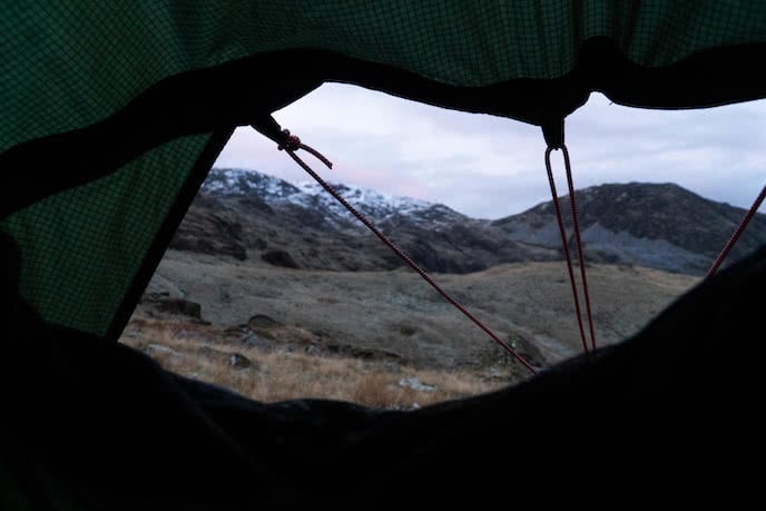 Wild campers winter wild camping at Scafell pike lake district